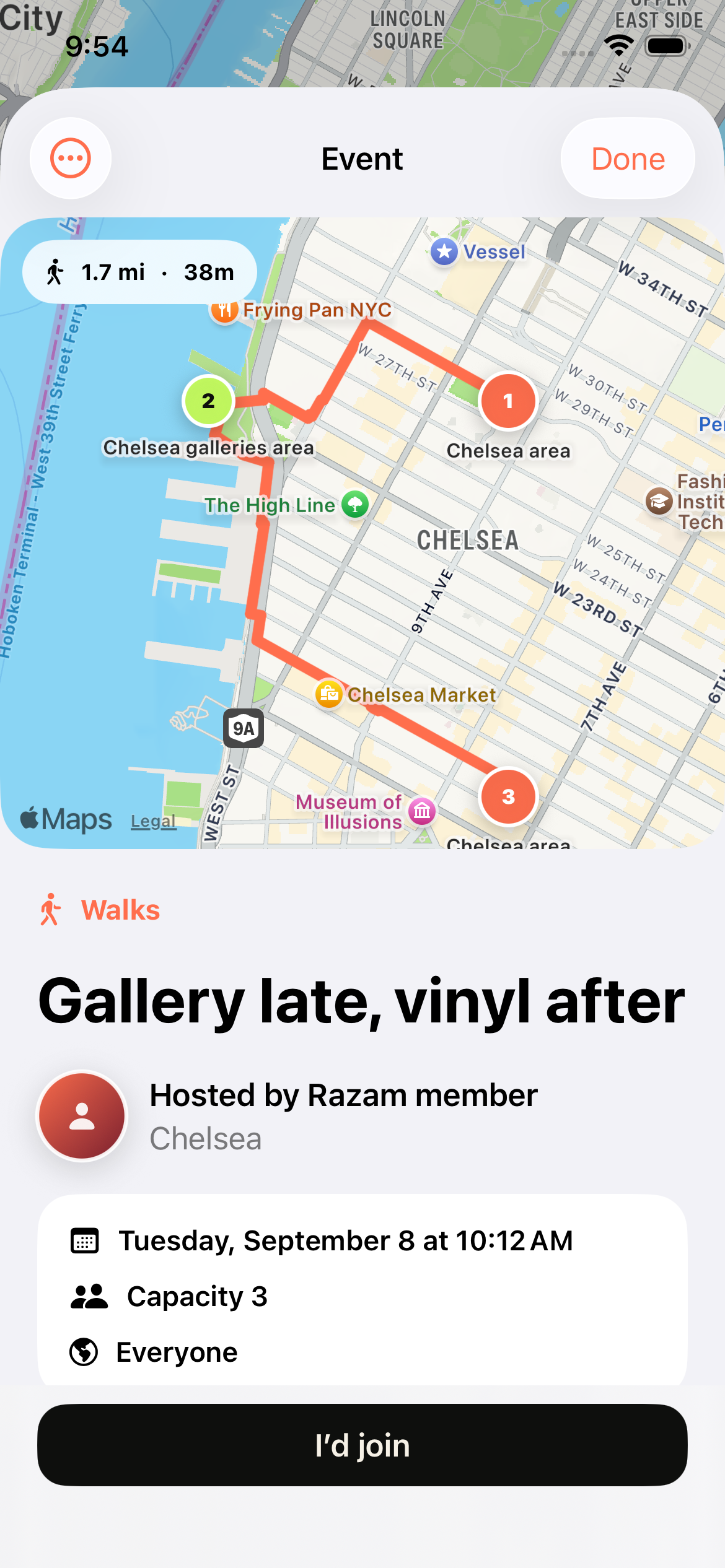 Razam Event detail showing Walks, Gallery late vinyl after, Chelsea, capacity and audience