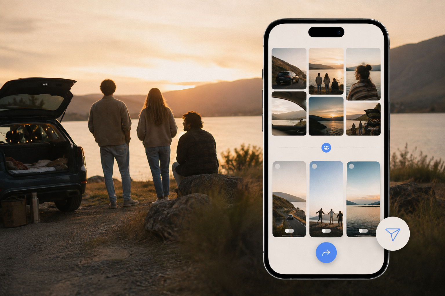 A small group by a lake at golden hour beside a car; a phone shows the shared album and three Story cards