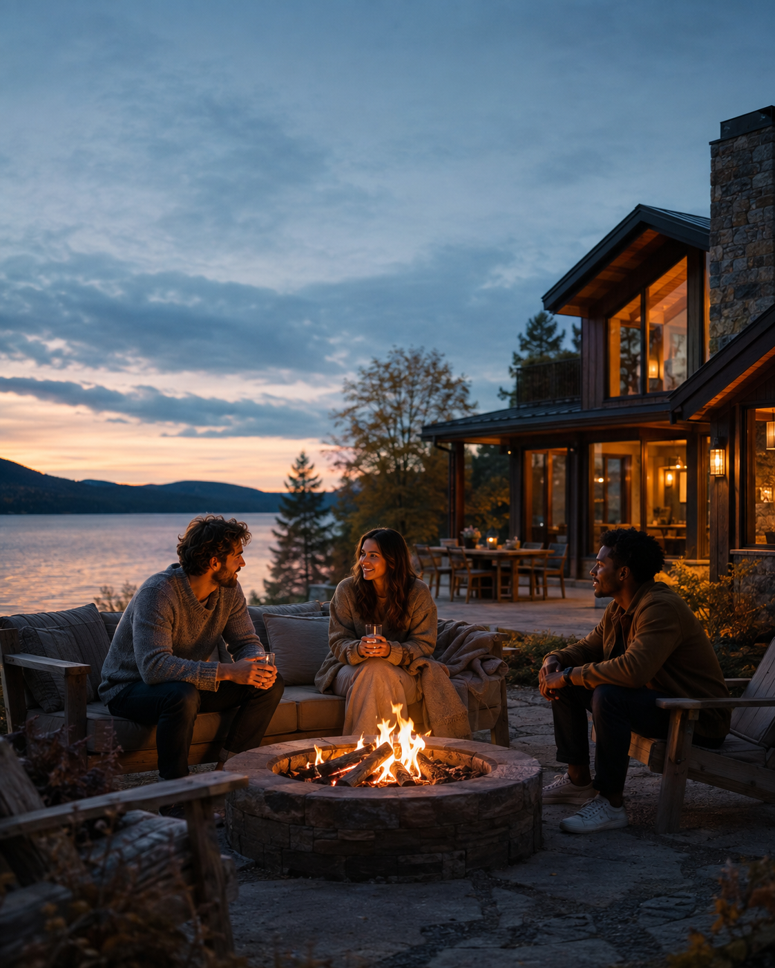 Three friends around a fire pit by a lake house at blue hour